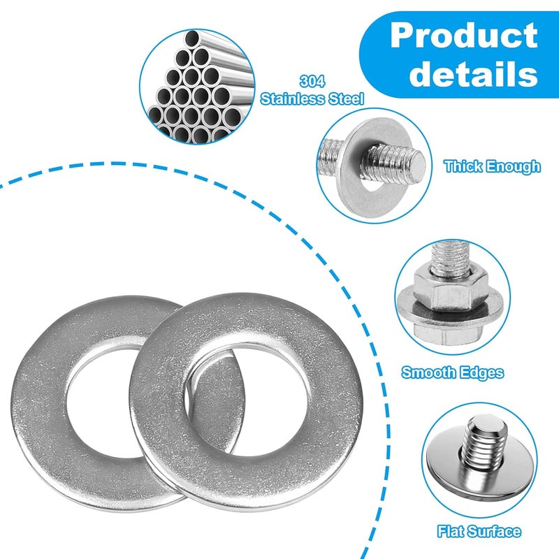 Yinpecly 200pcs 10# Flat Washers OD 1/2'', 304 Stainless Steel Washers,SAE Metal Washers for Screws Bolts - Image 3